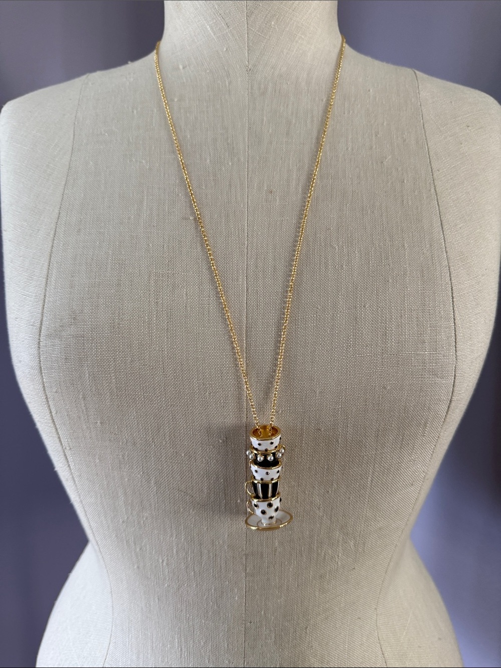 NWOT Kate Spade Gold-tone B&W Teacup Stack Pendant Necklace